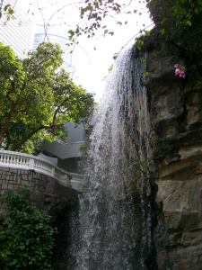 Waterfall over sculpted rock